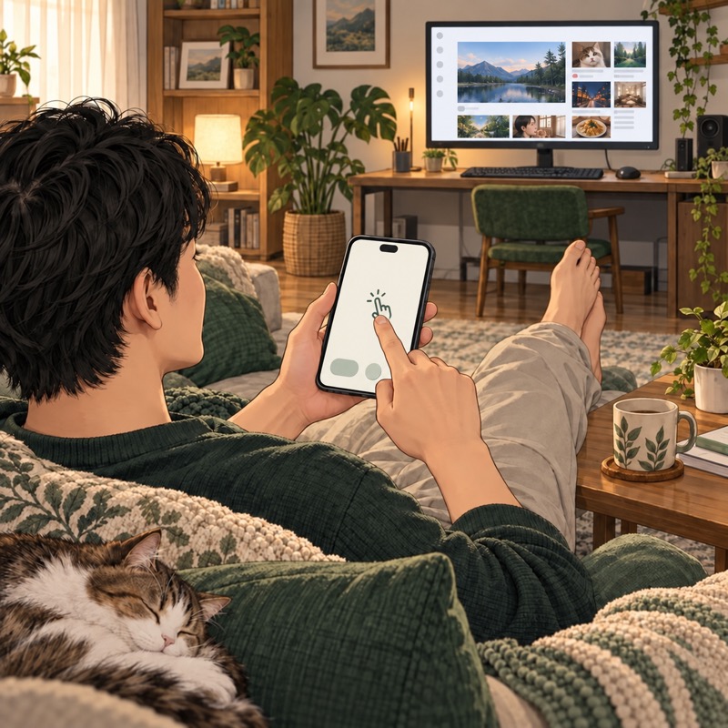 Relaxing on the sofa, controlling a computer with an iPhone trackpad